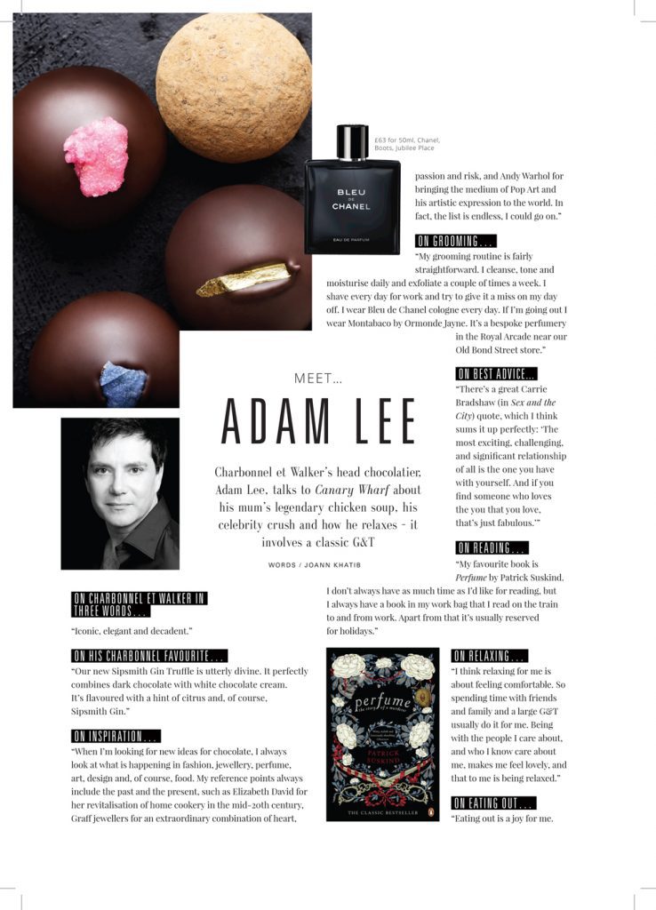 Adam Lee in Canary Wharf Magazine - Charbonnel et Walker News